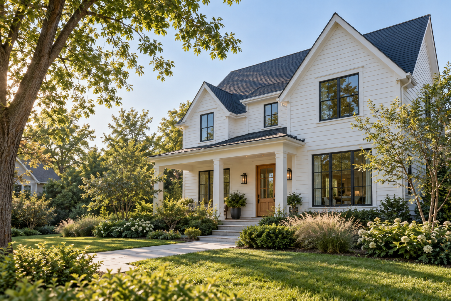 Illustrative white house with a welcoming porch and leafy garden